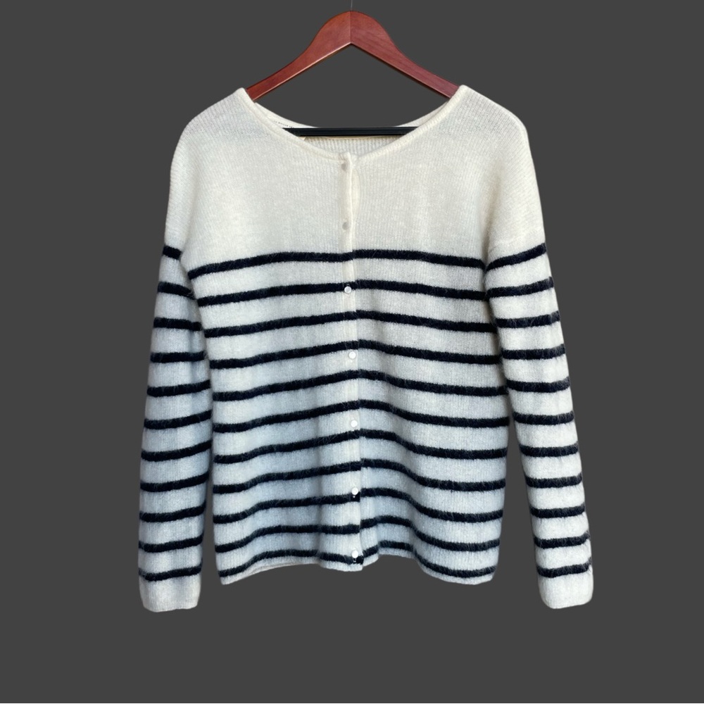 SEZANE Cream Navy Striped Mohair Alpaca Wool Reversible Gaspard Cardigan Sweater - Picture 10 of 17